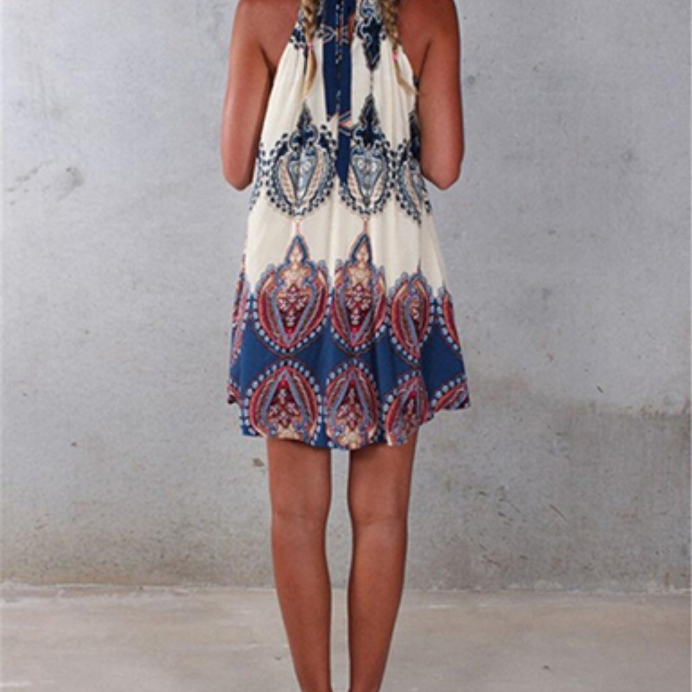 Printed Halter Style Dress - Self Tie Back / Bohem - Picture 2 of 3